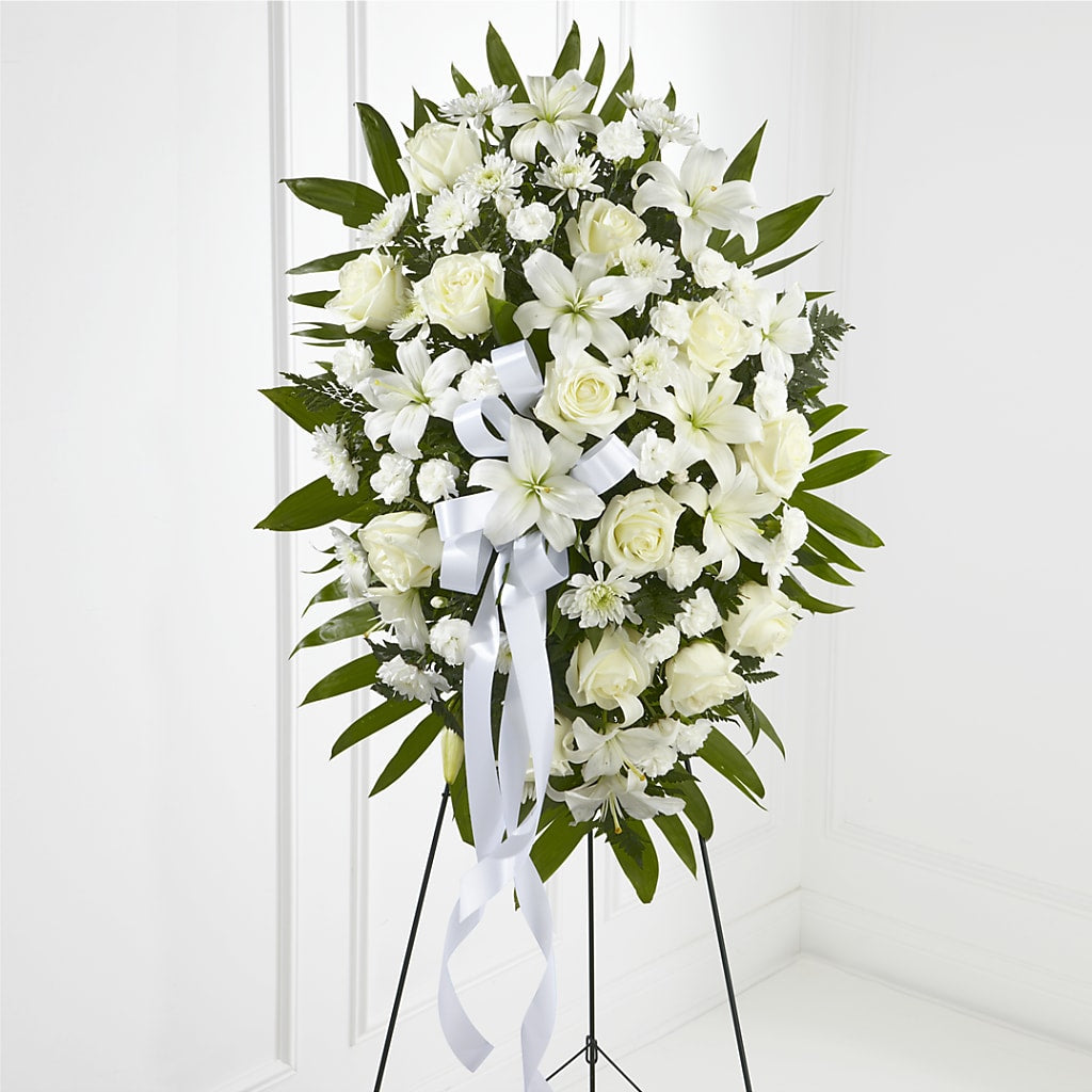 Exquisite Tribute Standing Spray-White Ribbon – Sign Of The Rose, Colorado Springs CO